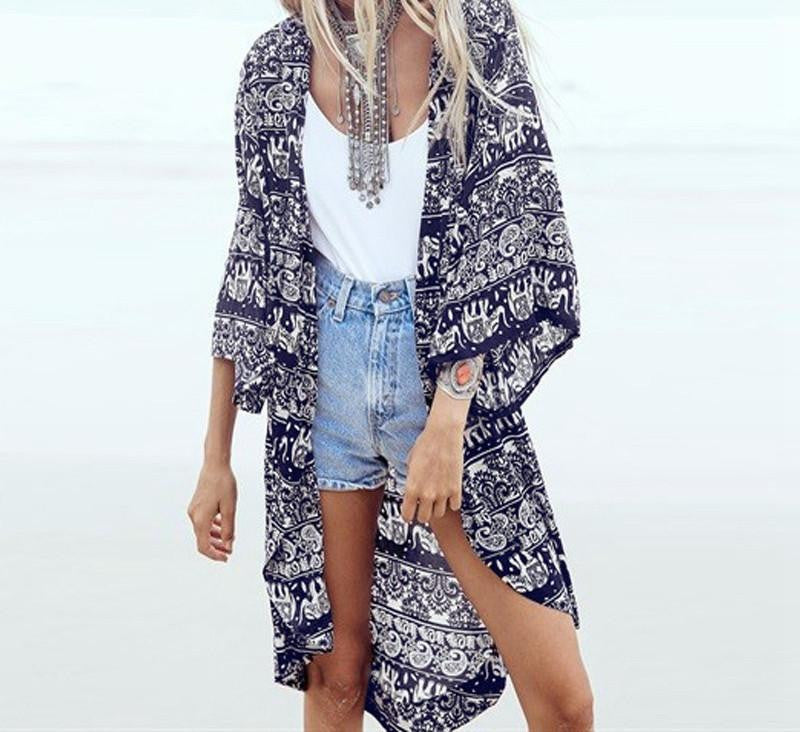 Women Blouse Beach Cardigan Floral Printed 3/4 Sleeve Casual Loose Long Beach Tops