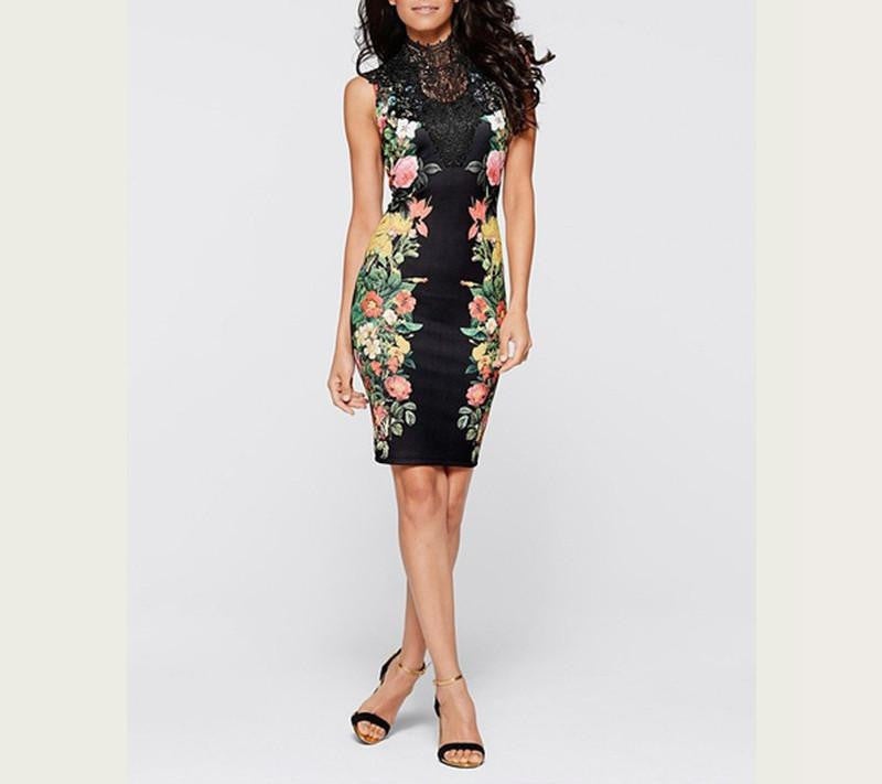 Tropical Floral Print Mesh Fashion Vestidos Women Striped Patchwork Sheath stand Sleeveless summer Dress 2239