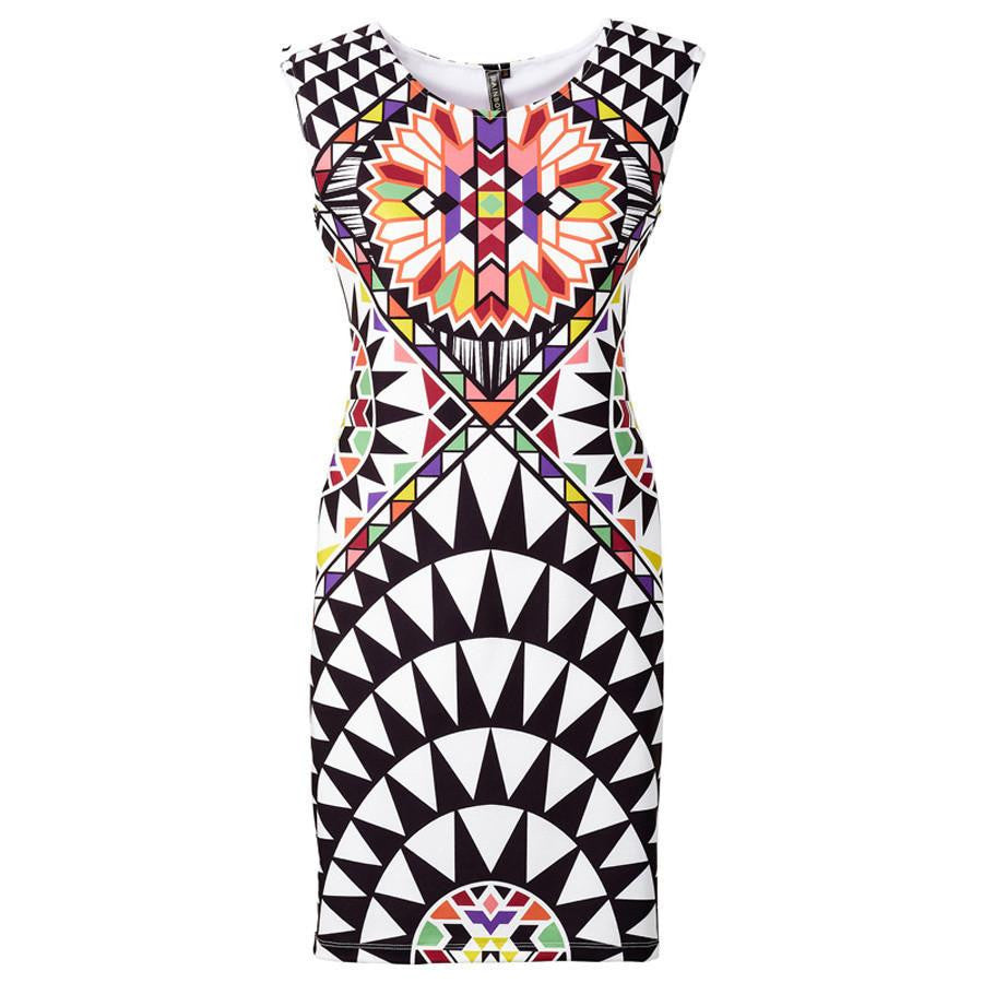 Tropical Floral Print Sleeveless Sheath O-Neck Natural Knee-Length Dress Casual