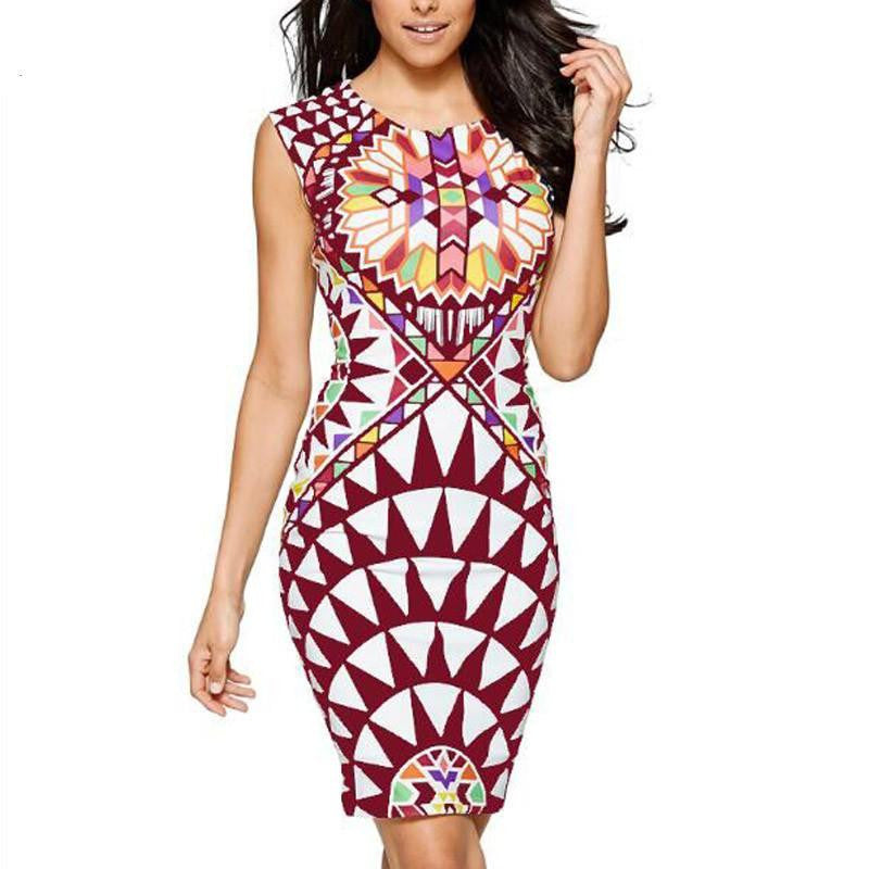 Tropical Floral Print Sleeveless Sheath O-Neck Natural Knee-Length Dress Casual