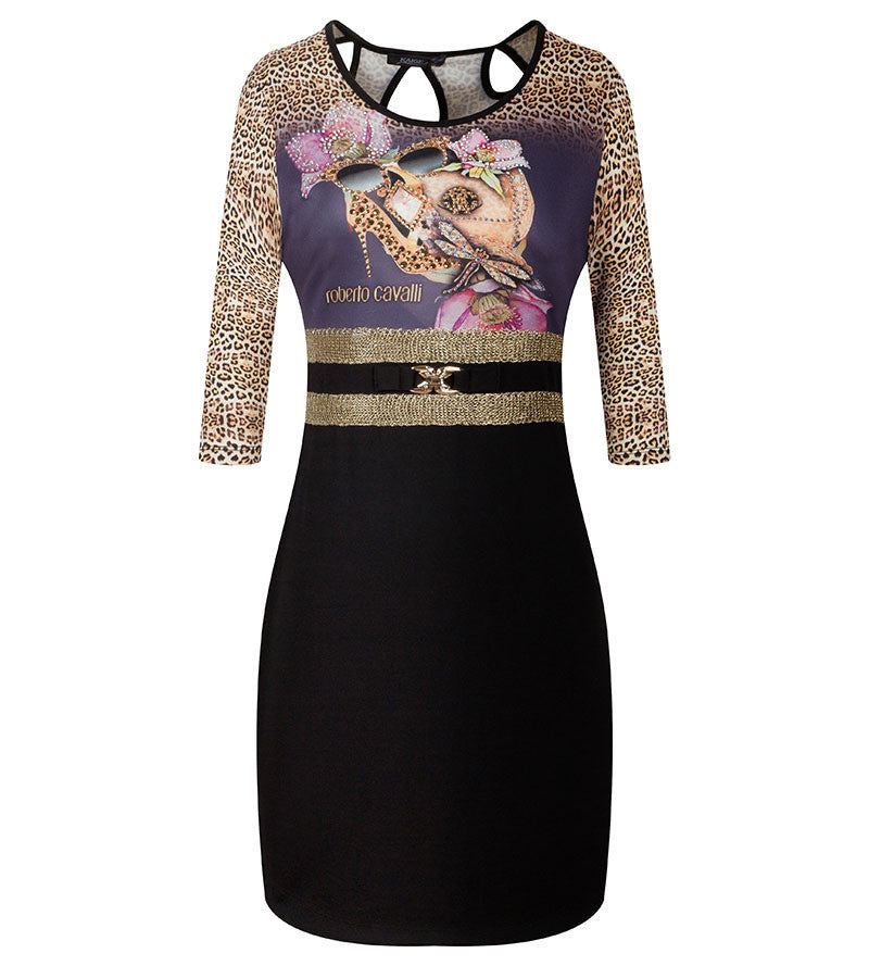 Tropical Floral Print Sequin Fashion Vestidos Women Sequin Sheath leopard Three Quarter O-Neck Mini Dress 1866-3-5-7