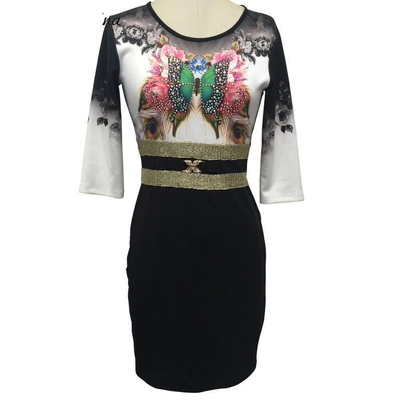 Tropical Floral Print Sequin Fashion Vestidos Women Sequin Sheath leopard Three Quarter O-Neck Mini Dress 1866-3-5-7