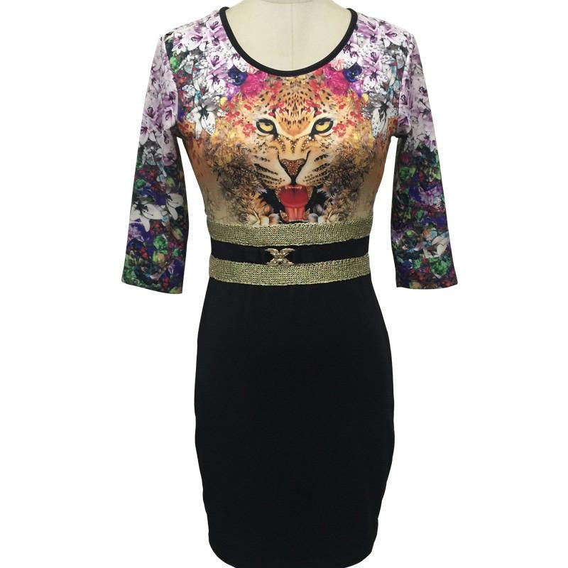 Tropical Floral Print Sequin Fashion Vestidos Women Sequin Sheath leopard Three Quarter O-Neck Mini Dress 1866-3-5-7