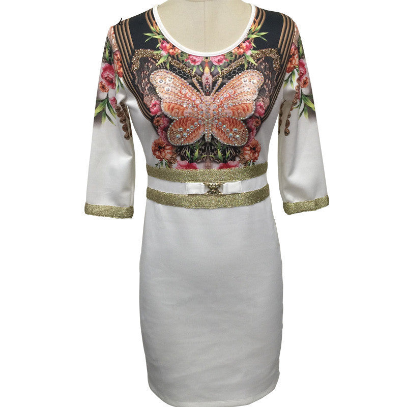 Tropical Floral Print Sequin Fashion Vestidos Women Sequin Sheath leopard Three Quarter O-Neck Mini Dress 1866-3-5-7