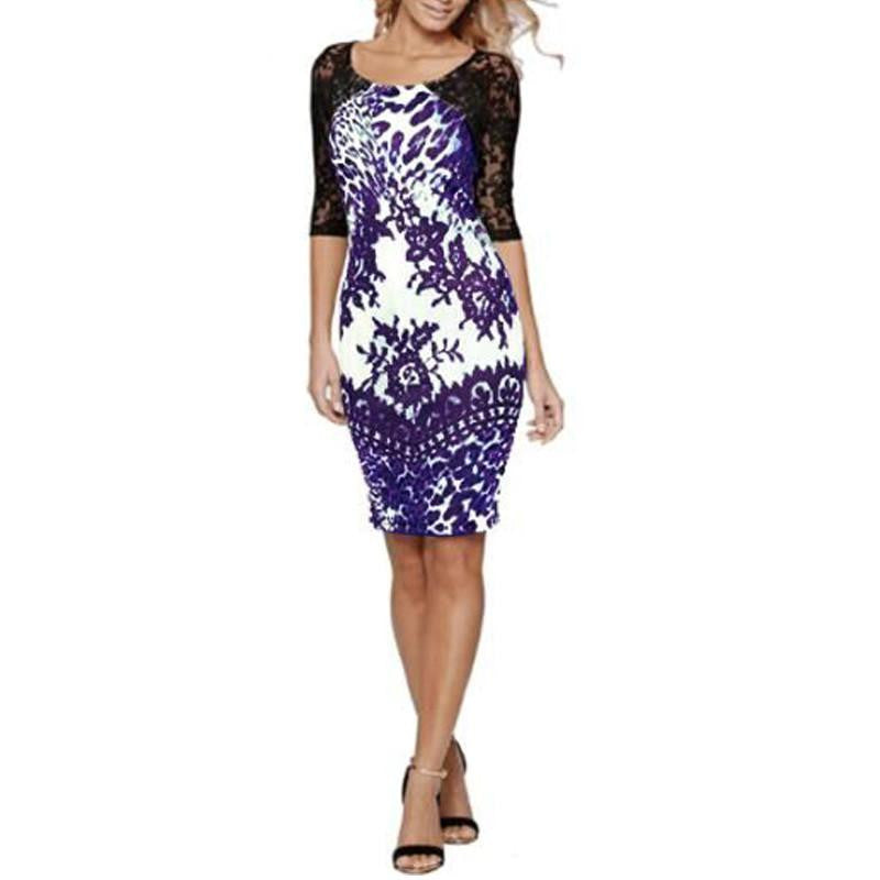 Tropical Floral Print Autumn Leopard Lace Dress Women Casual Mini Dress Half Sleeve Sheath Plus Size Patchwork Dress 2406