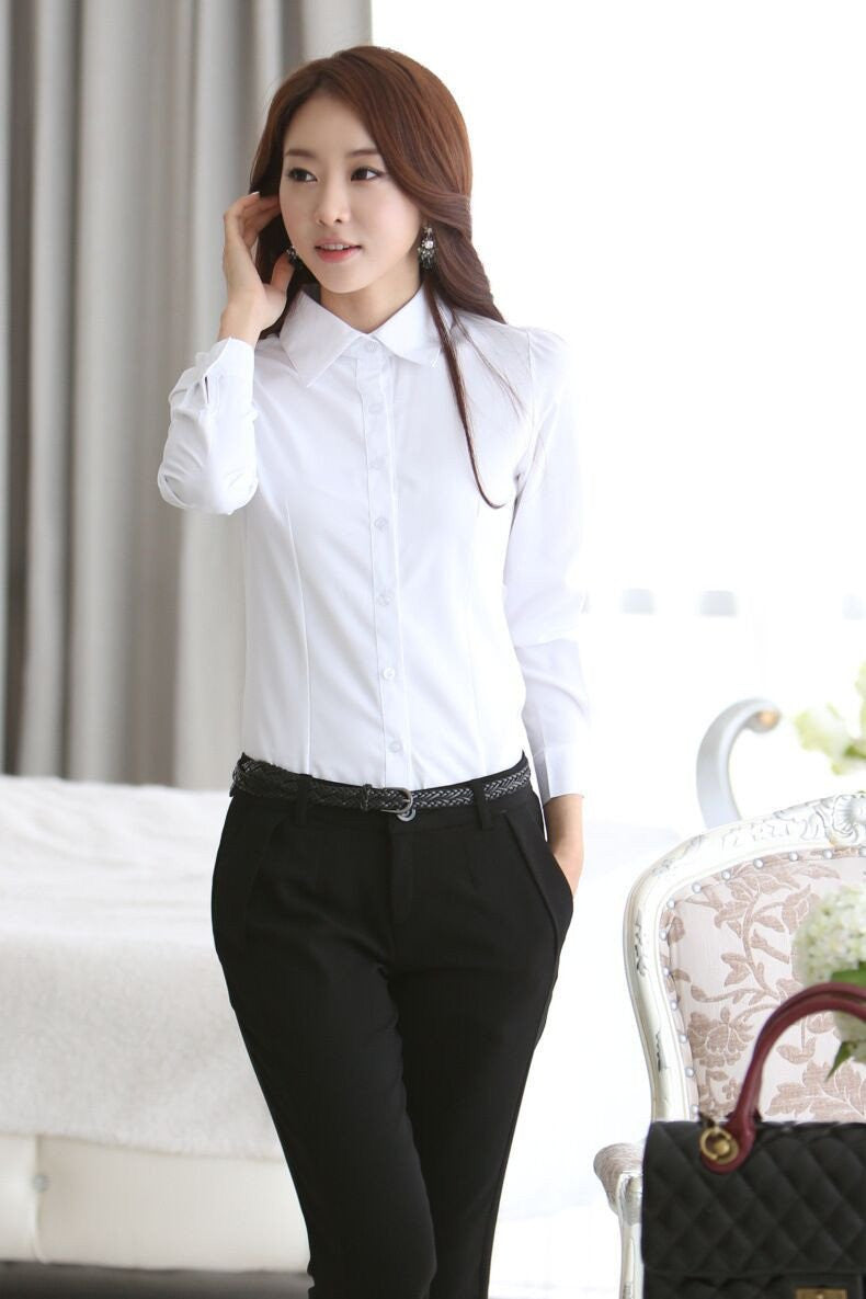 White Blouse Women Work Wear Button Up Lace Turn Down Collar Long Sleeve Cotton Top Shirt Plus Size S-XXL