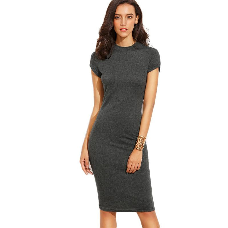 Summer Office Arrival Women's Bodycon Dresses Short Sleeve Crew Necl Work Knee Length Dress