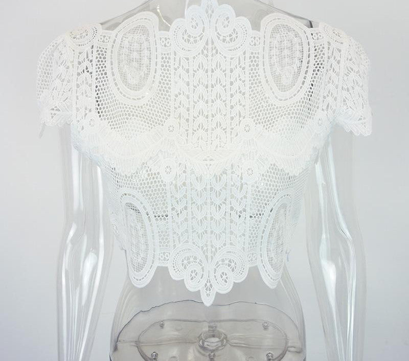 Online discount shop Australia - BerryGo  style elegant black lace women tops Causal short sleeve white blouse shirt Sexy beach hollow out girls crop tops