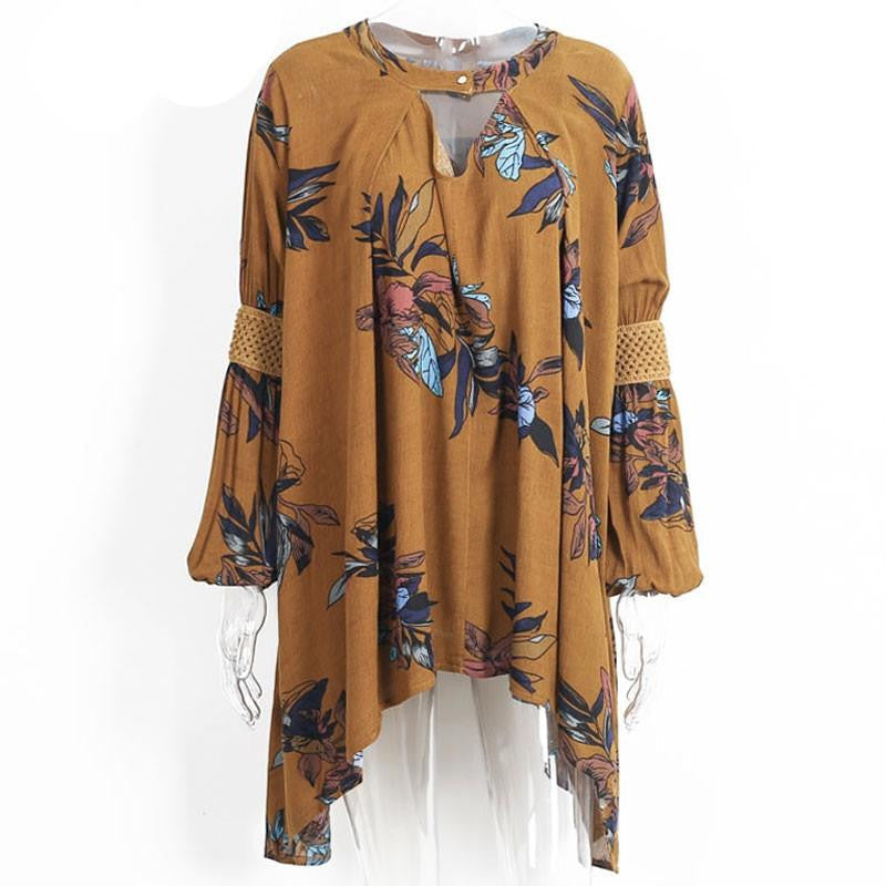 Vintage pleated boho women dress christmas hollow out loose dress Casual lantern sleeve floral short dress