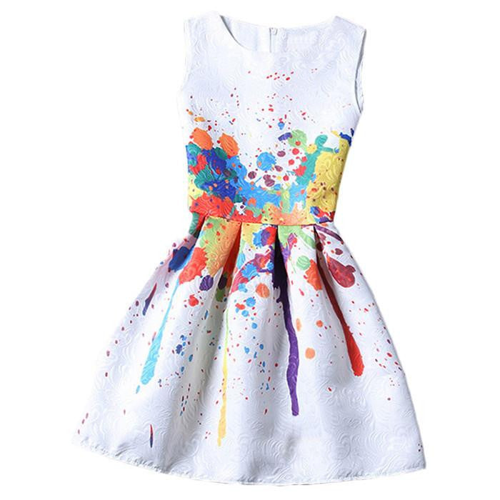Women Colourful Round Neck Sleeveless Graffiti Print Jacquard Dresses Ladies Cute A Line Short Dress