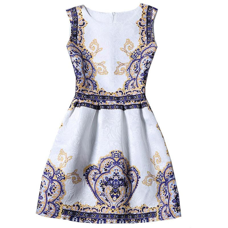 Women Colourful Round Neck Sleeveless Graffiti Print Jacquard Dresses Ladies Cute A Line Short Dress