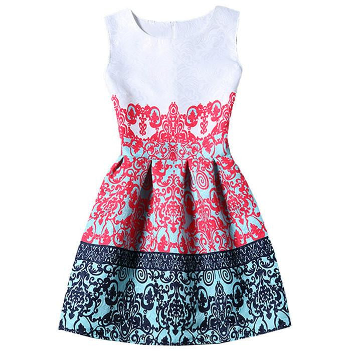 Women Colourful Round Neck Sleeveless Graffiti Print Jacquard Dresses Ladies Cute A Line Short Dress