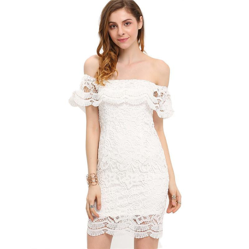 Women Mini Dresses White Off the Shoulder Short Sleeve Strapless Lace Ruffle Bodycon Dress