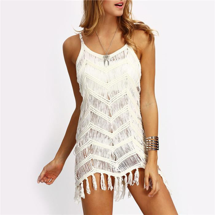 Women Beach Dresses Casual Sleeveless Hollow Beige Tassel Spaghetti Strap Mini Dress