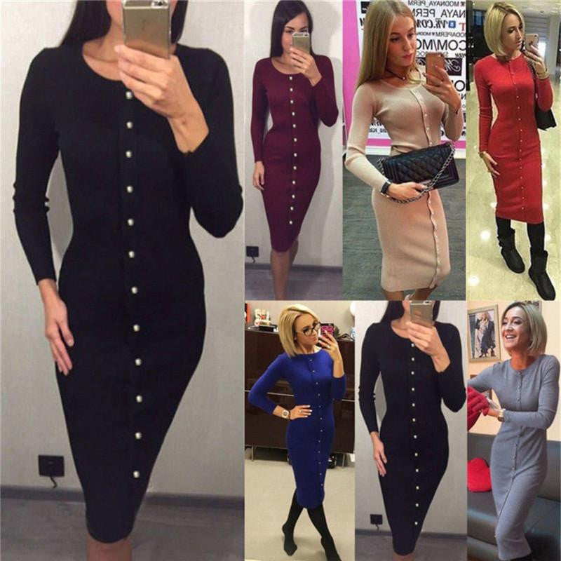Women Spring Autumn Button Knit Long Sleeves Bandage Dress Solid Long Bodycon Sweater Dress Package Hip Long Dress Vestidos