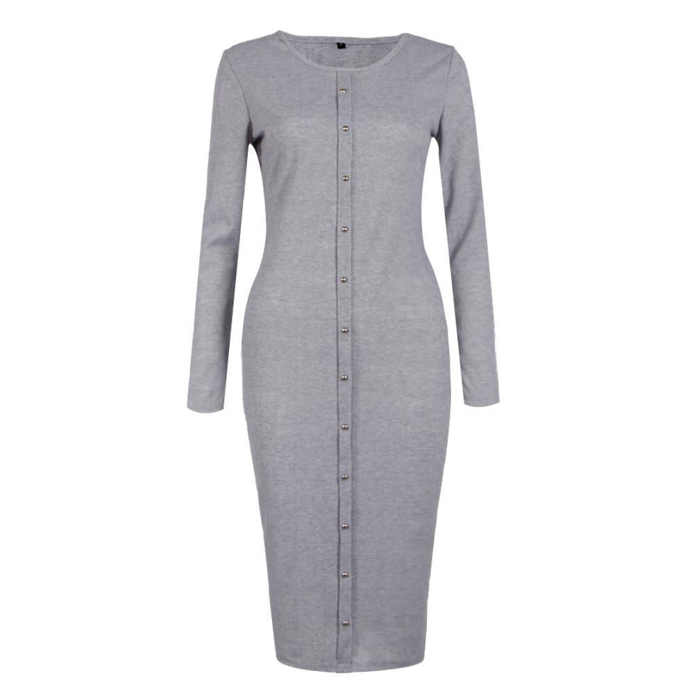 Women Spring Autumn Button Knit Long Sleeves Bandage Dress Solid Long Bodycon Sweater Dress Package Hip Long Dress Vestidos