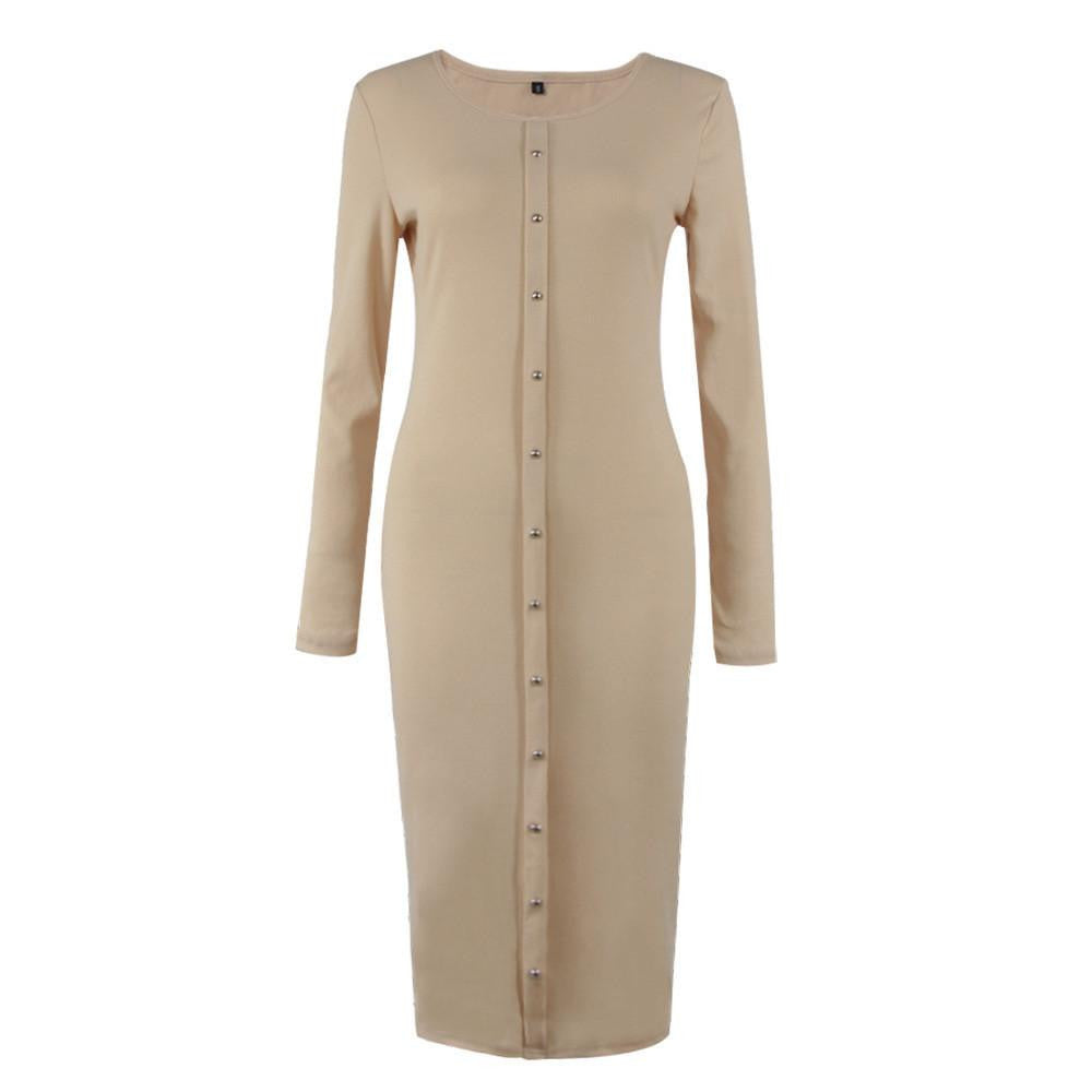 Women Spring Autumn Button Knit Long Sleeves Bandage Dress Solid Long Bodycon Sweater Dress Package Hip Long Dress Vestidos