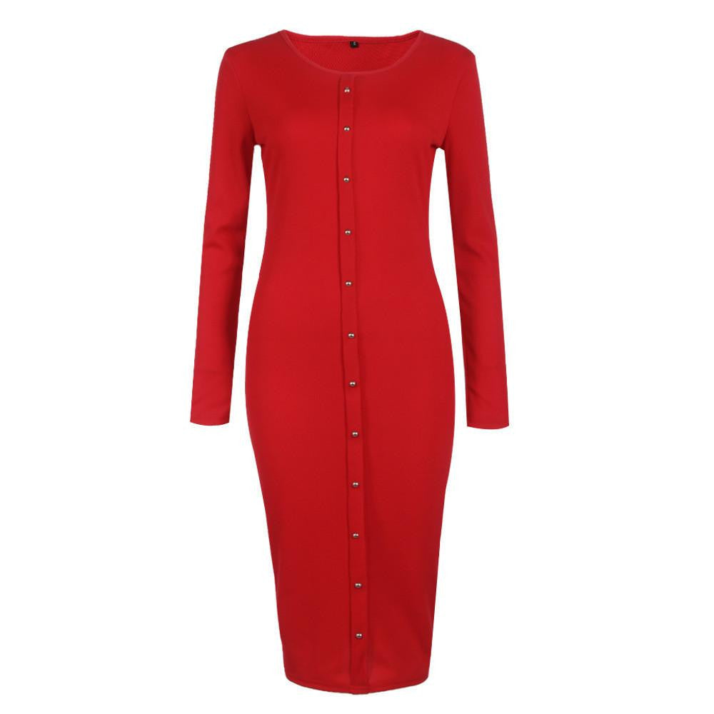 Women Spring Autumn Button Knit Long Sleeves Bandage Dress Solid Long Bodycon Sweater Dress Package Hip Long Dress Vestidos