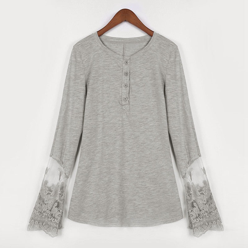 Online discount shop Australia - Fashion Women Lace Patchwork Shirts Casual Long Sleeve O-Neck Blouse Tops