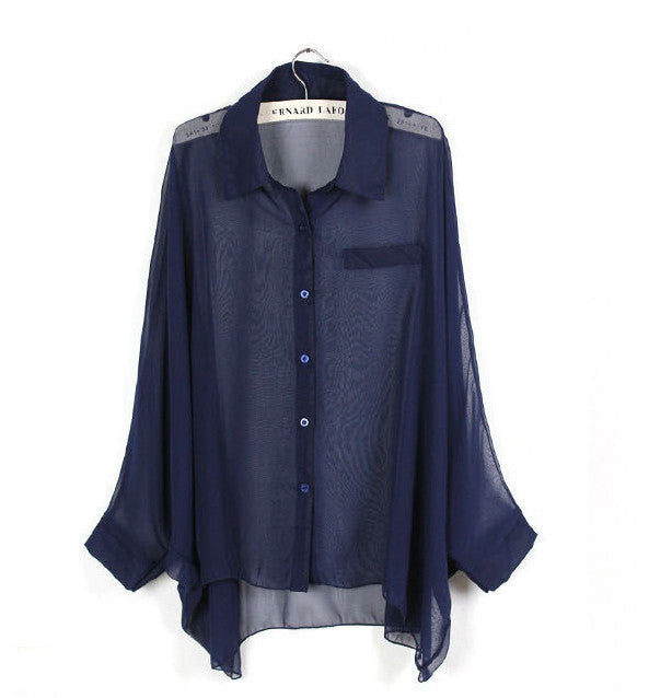 Online discount shop Australia - European style plus size batwing sleeve loose transparent chiffon shirt women long sleeve sheer blouses