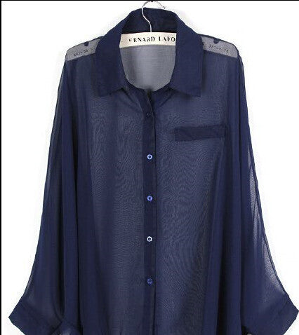 Online discount shop Australia - European style plus size batwing sleeve loose transparent chiffon shirt women long sleeve sheer blouses