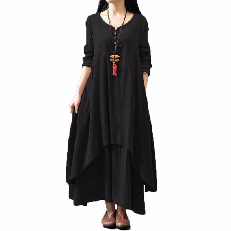Top Fashion Autumn Women Casual Loose Long Sleeve Dress Cotton Linen Solid Long Maxi Dress Vestidos Plus Size S-5XL
