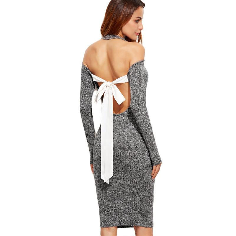 Women Backless Bodycon Pencil Dress Hollow Out Woman Arrival Black Open Shoulder Long Sleeve Bow Halter Dress