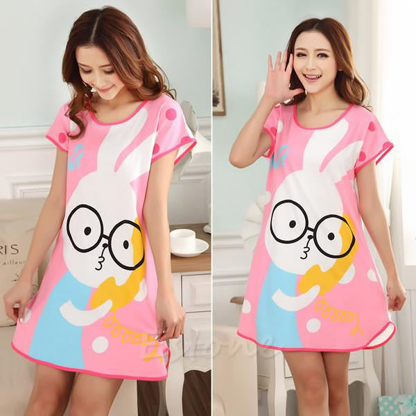 Women Cartoon Polka Dot Sleepwear Short Sleeve Sleepshirt Sleepdress