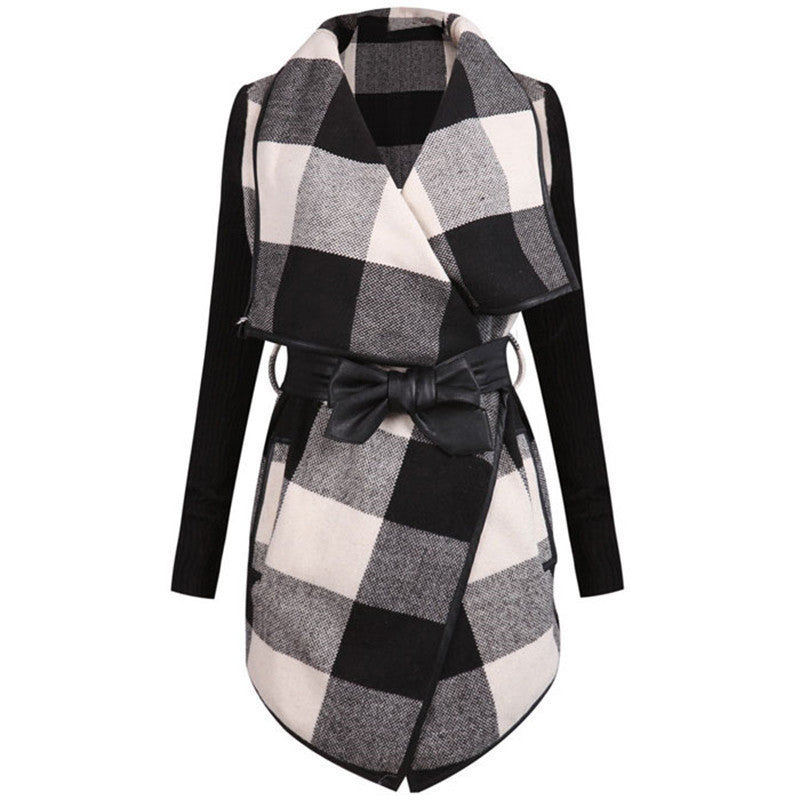Online discount shop Australia - COLROVIE Fashion Outerwears Women Design Brand Ladies Trench Coat Casual Splicing Black White Plaid Long Sleeve Belt Coat