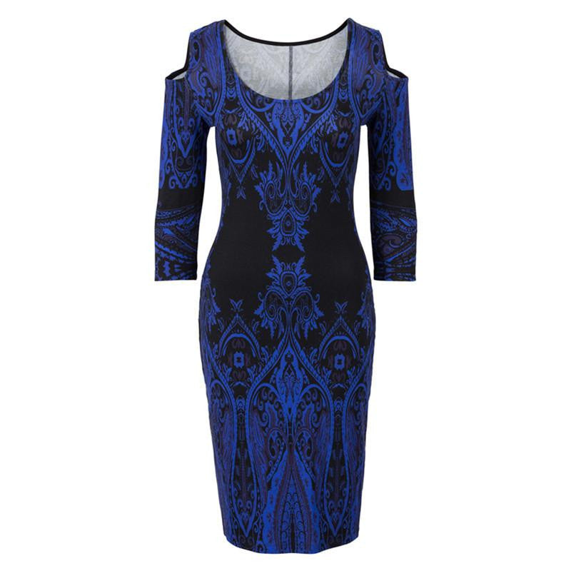 Tribal Print Casual Dresses Bodycon Cut Out Off Shoulder Dress Women Elegant Long Sleeve Autumn Dress