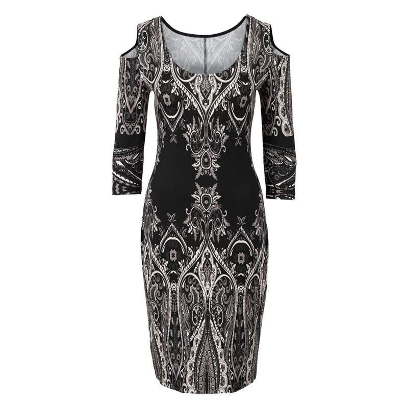 Tribal Print Casual Dresses Bodycon Cut Out Off Shoulder Dress Women Elegant Long Sleeve Autumn Dress