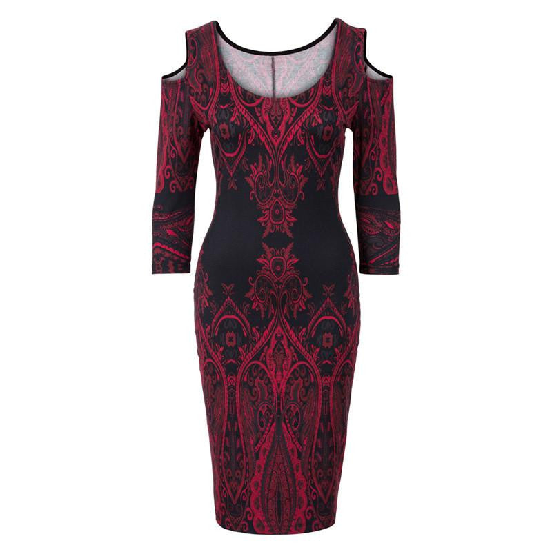 Tribal Print Casual Dresses Bodycon Cut Out Off Shoulder Dress Women Elegant Long Sleeve Autumn Dress