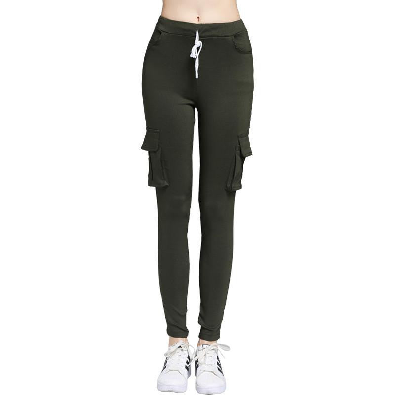 Summer Casual Multi Pocket Pants High Waist Solid Lacing White Red Army Khaki Shiny Pencil Pants Capris Women Trousers