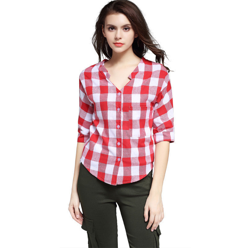 Red Plaid Women Shirts Elegant Big Square Patchwork Deep V Neck Long Women Shirts For day Plus Size