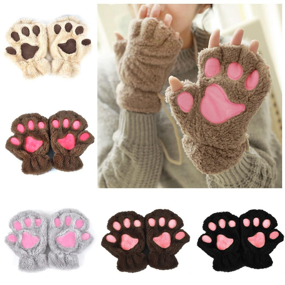 Women Cute Cat Paw Claw Plush Short Fingerless Finger Half Gloves-J117