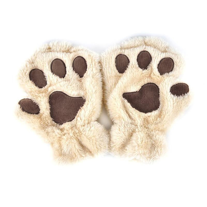 Women Cute Cat Paw Claw Plush Short Fingerless Finger Half Gloves-J117