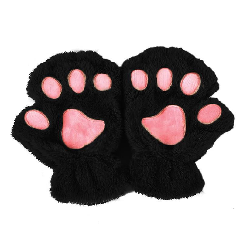 Women Cute Cat Paw Claw Plush Short Fingerless Finger Half Gloves-J117