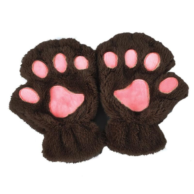 Women Cute Cat Paw Claw Plush Short Fingerless Finger Half Gloves-J117