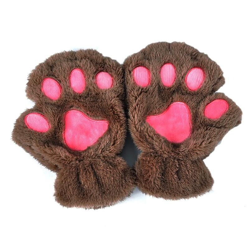 Women Cute Cat Paw Claw Plush Short Fingerless Finger Half Gloves-J117