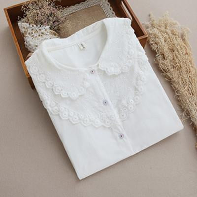 White Blouse Women Work Wear Button Up Lace Turn Down Collar Long Sleeve Cotton Top Shirt Plus Size S-XXL T56302
