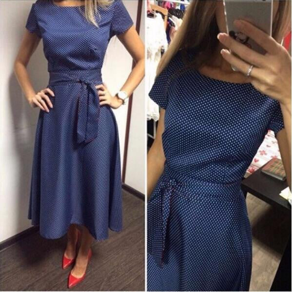 Online discount shop Australia - Casual A-Line Dot Women Popular Dress Short Sleeve O-Neck Knee-Length Dress Summer Style Sashes Clothes Plus size