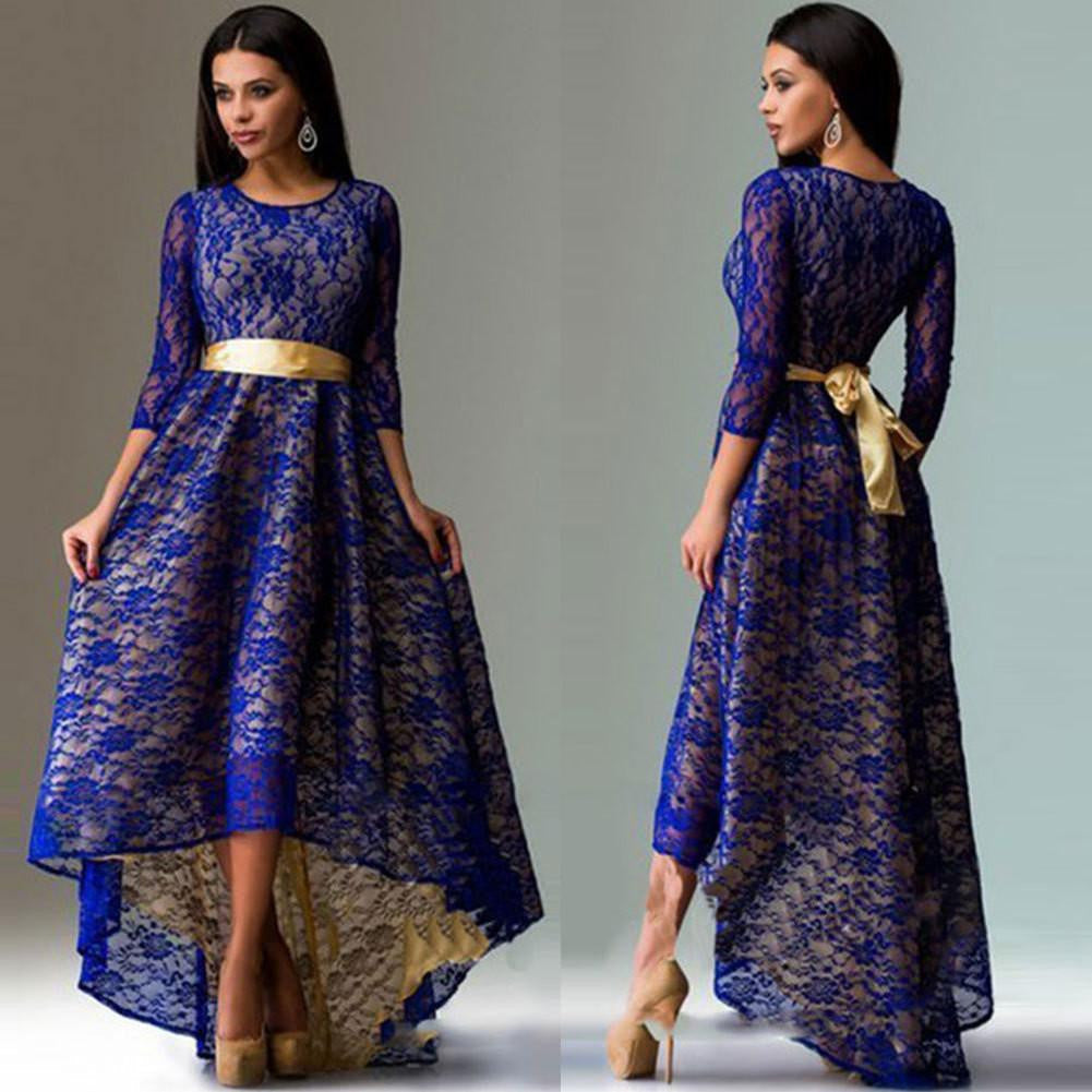 ing High Women Dresses Summer O-neck 3/4 Sleeve Slim Asymmetry Swallowtail Lace Party Dress Vestidos