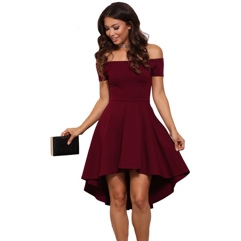 Online discount shop Australia - Dear lover Elegant Party Dresses 2017 Burgundy All The Rage Slash Neck Off Shoulder Skater Dress Formal High Low Dresses LC61346