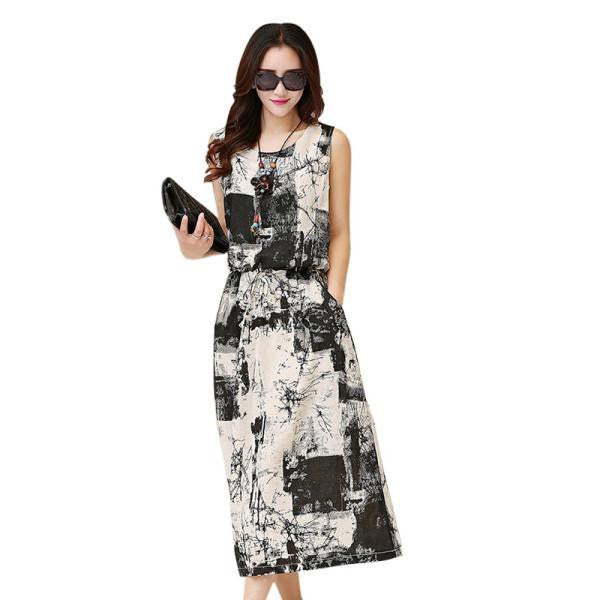 Summer Women Vintage Floral Dress Maxi Dress Sleeveless Blue+Black Long Vestido