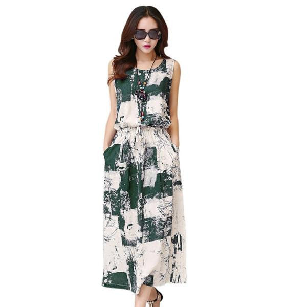 Summer Women Vintage Floral Dress Maxi Dress Sleeveless Blue+Black Long Vestido