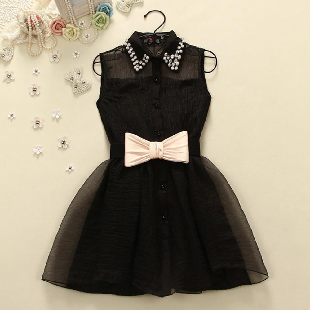 Summer Women Bow Belt Pearl Diamond Dress Lapel Collar Sleeveless Gauze Dresses QL90