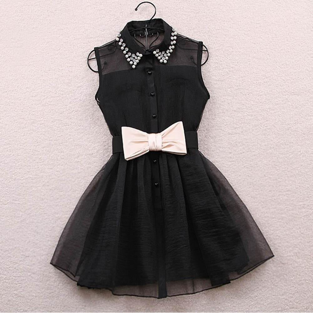 Summer Women Bow Belt Pearl Diamond Dress Lapel Collar Sleeveless Gauze Dresses QL90