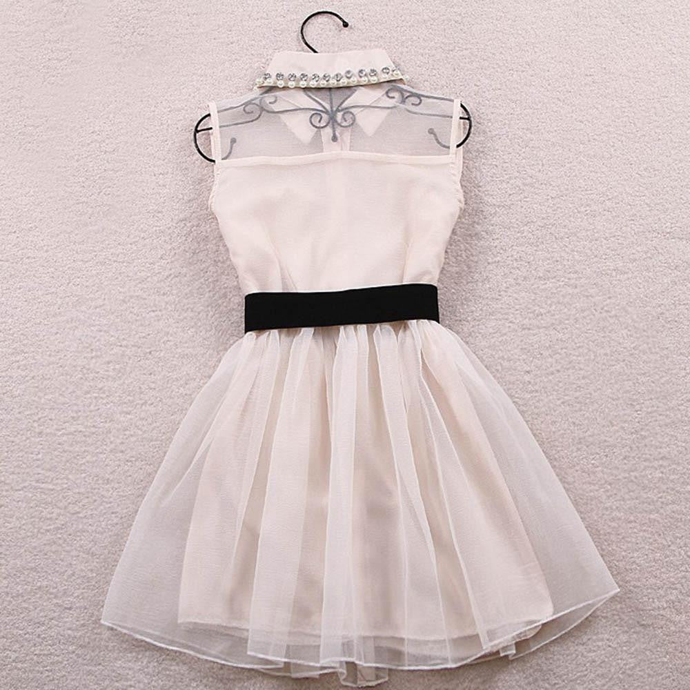 Summer Women Bow Belt Pearl Diamond Dress Lapel Collar Sleeveless Gauze Dresses QL90