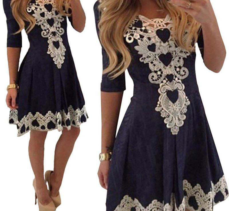 Womens Evening Party Dresses V Collar Half Sleeve Casual Woman Lace Dress