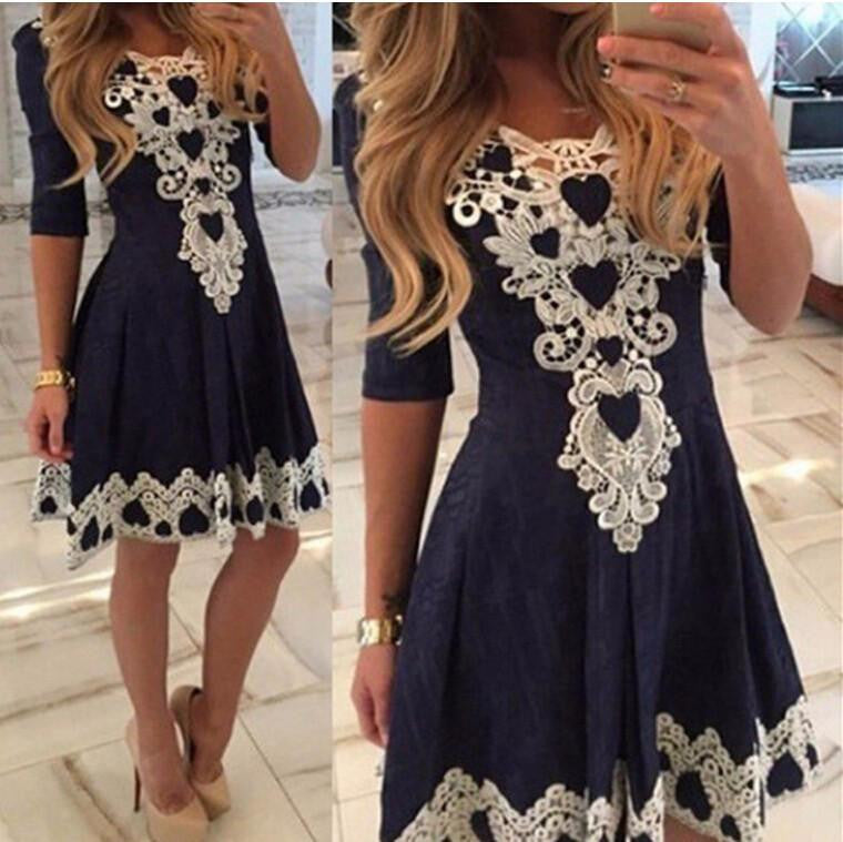 Womens Evening Party Dresses V Collar Half Sleeve Casual Woman Lace Dress